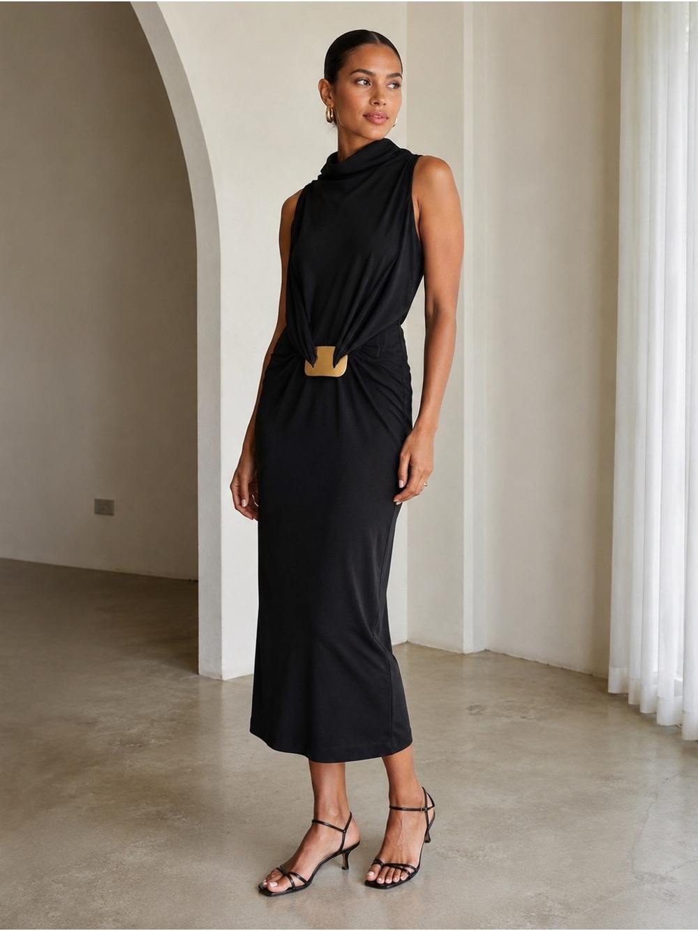 90s/Y2K Inspired Donna Karan Black Draped Gold Hardware Midi Dress Size 8